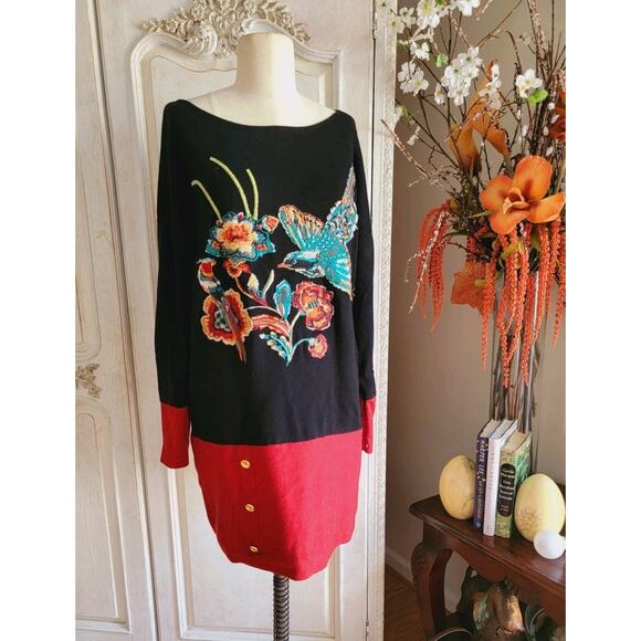 Vintage 1990's INC embroidered Floral Sweater Bird Sequins Sz M - Picture 1 of 8